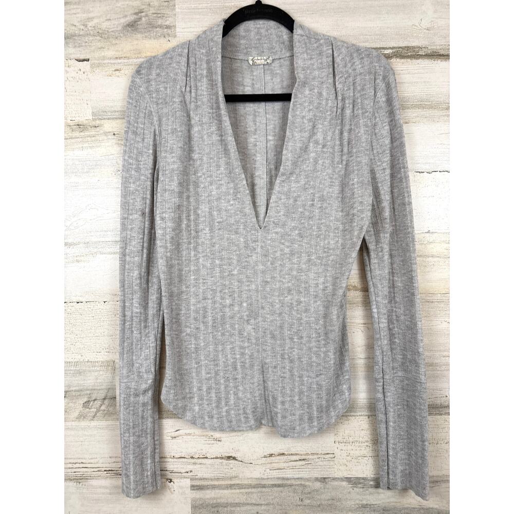 Intimately Free People Womens M Gray Ribbed V Neck Long Sleeve Cotton Top